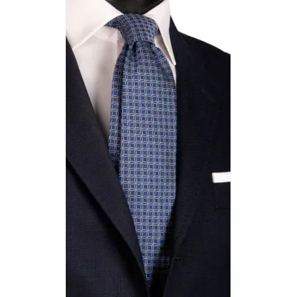 Zdjęcie Granatowy jedwabny krawat ceremonialny z niebiesko szarym wzorem
