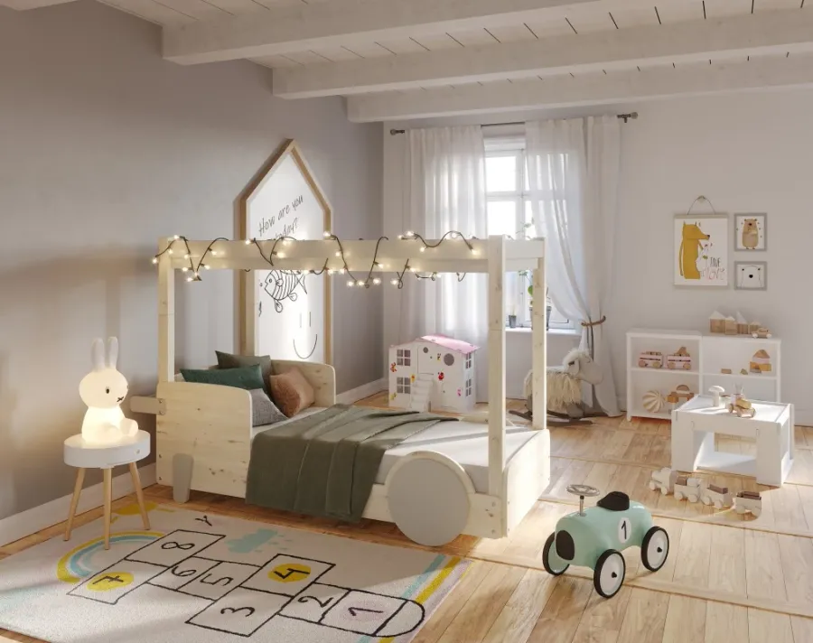 obrazek 5 Adaptowalne, naturalnie drewniane łóżko samochód/domek z dachem Montessori - Mathy by Bols
