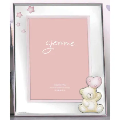 Picture Beautiful silver photo frame 9x13 cm decorated with pink stars and a teddy bear