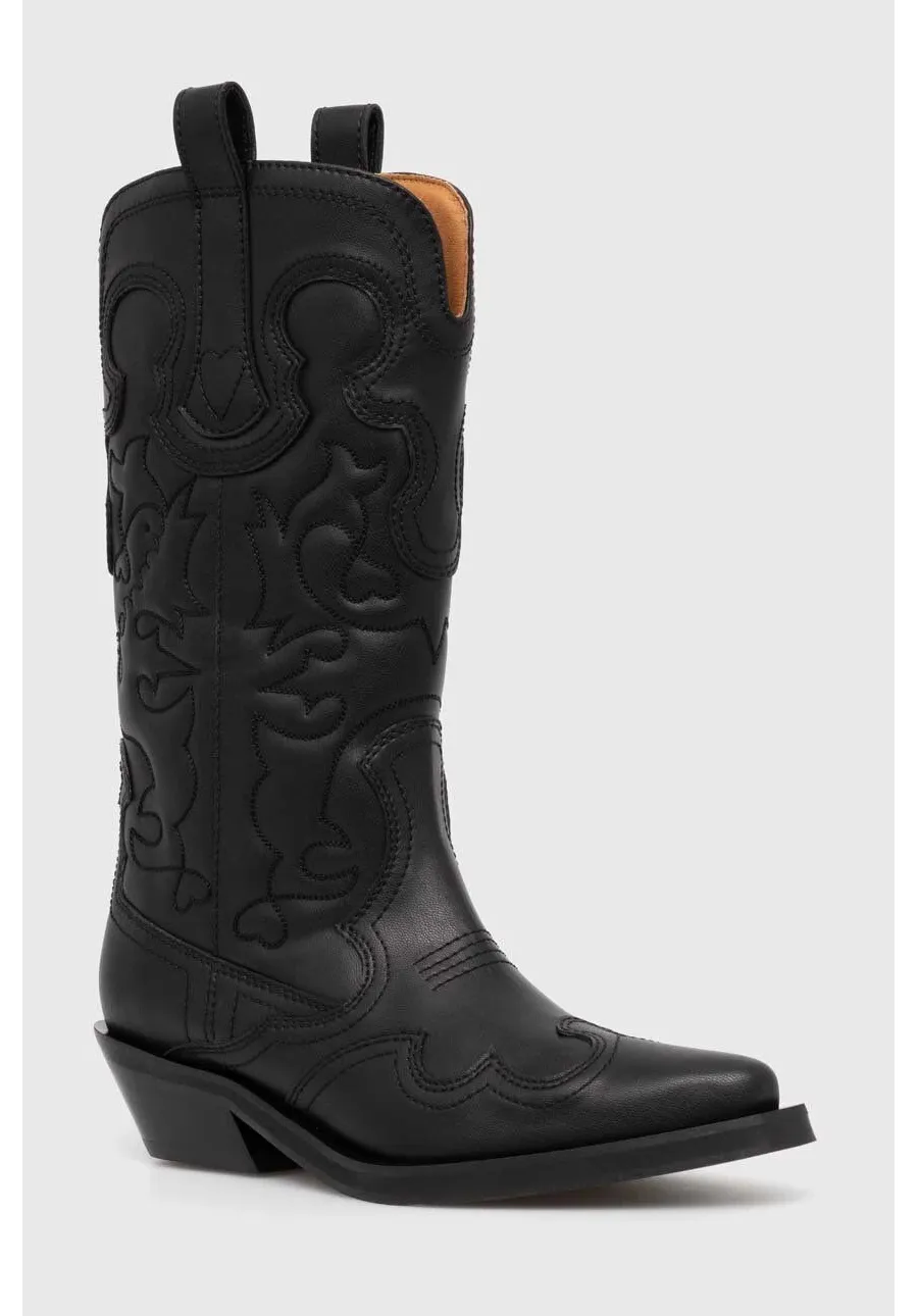 obrazek 1 GANNI kowbojki Mid Shaft Embroidered Western Boot damskie kolor czarny na słupku S2824