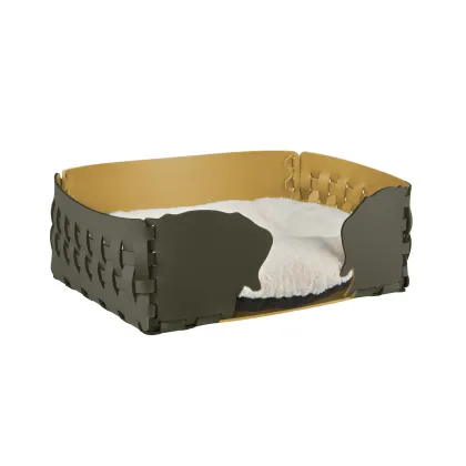 Zdjęcie Stylowe legowisko dla psa 35x20xH15 cm zdobione motywem psich głów w kolorze ciemnooliwkowym