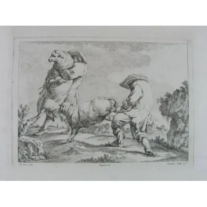 Zdjęcie XVIII-wieczny miedzioryt przedstawiający wiejski krajobraz z pasterzami i owcami