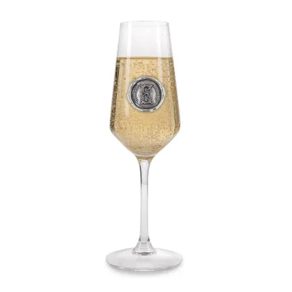 Zdjęcie Stylowy kieliszek do szampana z monogramem ze stylizowaną literą „E” – prezent dla niego lub dla niej