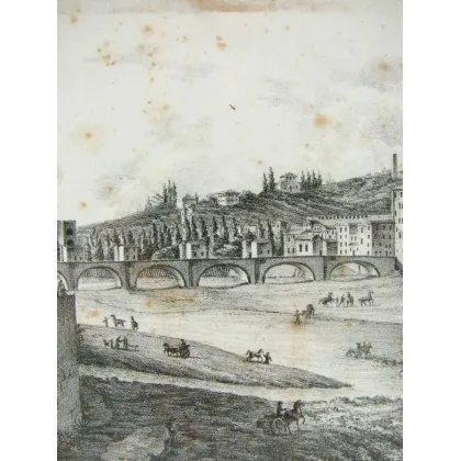 Zdjęcie Piękna litografia przedstawiająca „Widok na Ponte delle Grazie we Florencji” Zaprojektowany przez L. Viganò