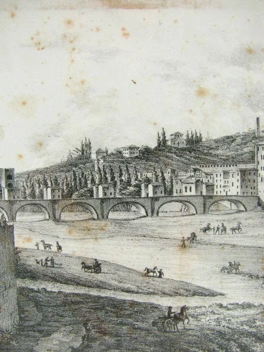 obrazek 1 Piękna litografia przedstawiająca „Widok na Ponte delle Grazie we Florencji” Zaprojektowany przez L. Viganò