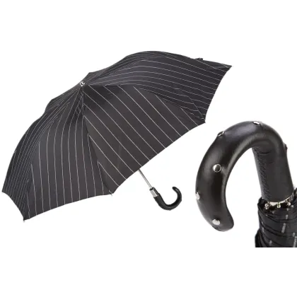 Picture Classic black men's umbrella with vertical stripes with a studded handle - Pasotti