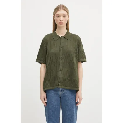 Zdjęcie Carhartt WIP koszula bawełniana W’ S/S Temple Knit Shirt damska kolor zielony relaxed z kołnierzykiem klasycznym I034541