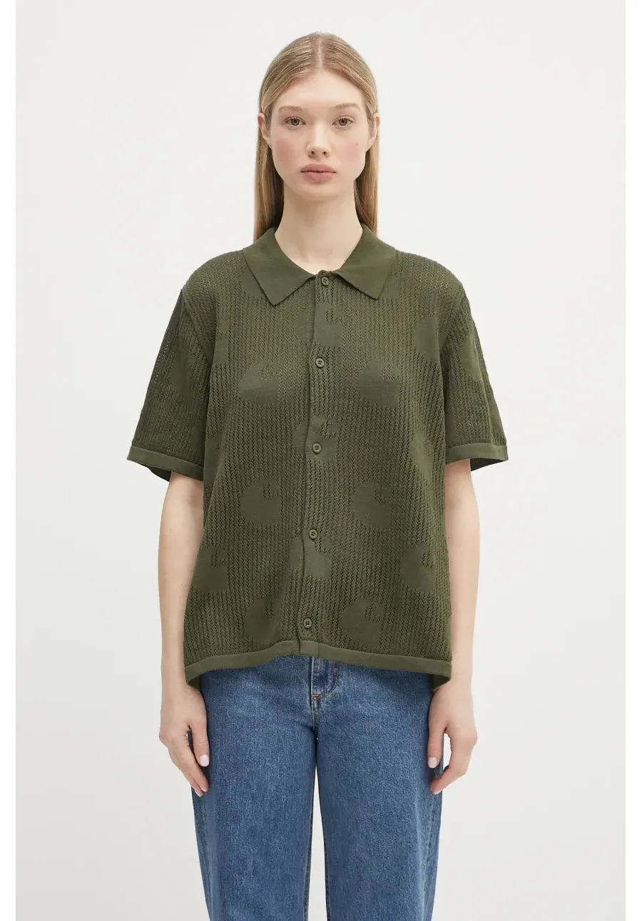 obrazek 1 Carhartt WIP koszula bawełniana W’ S/S Temple Knit Shirt damska kolor zielony relaxed z kołnierzykiem klasycznym I034541