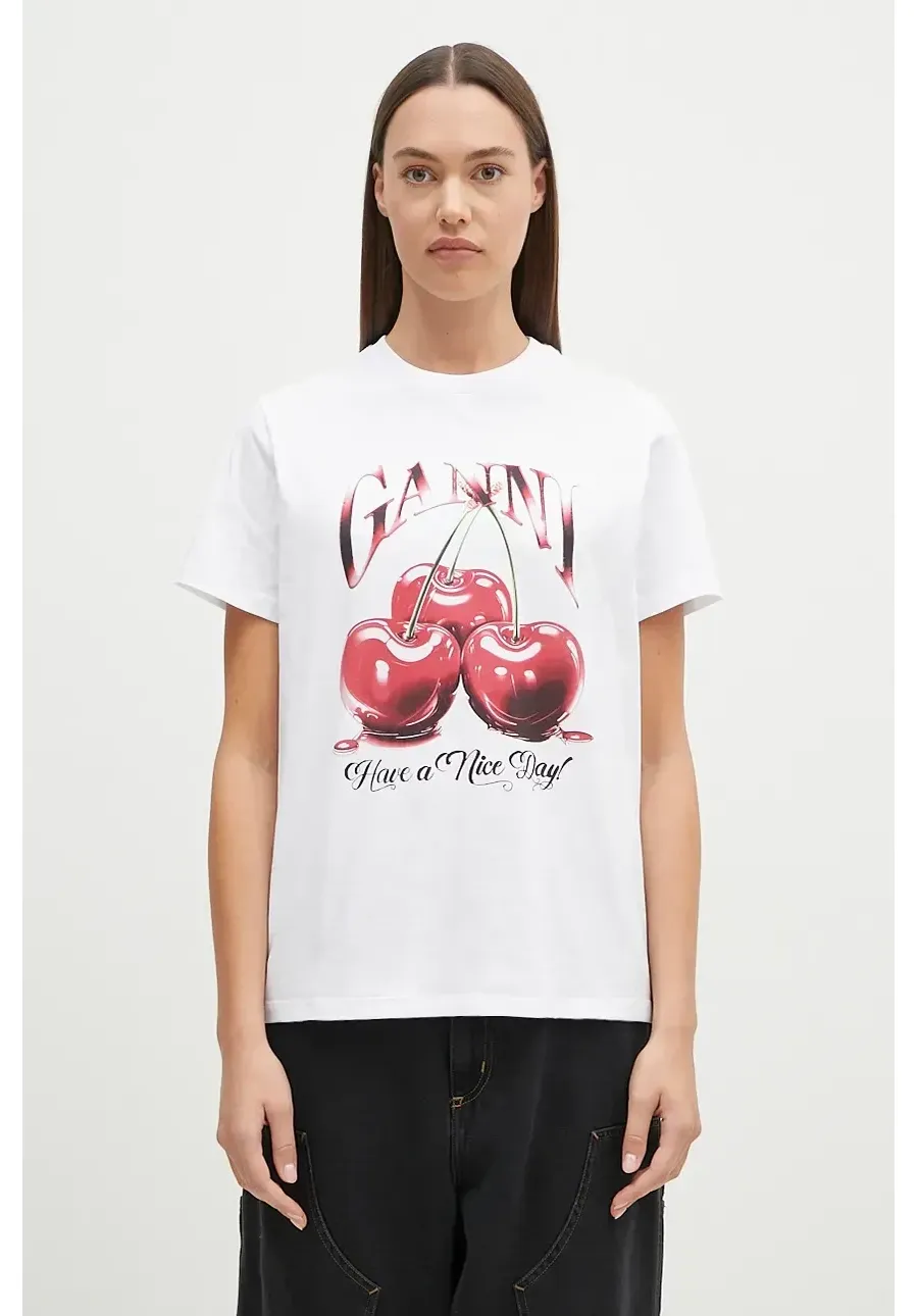 obrazek 1 GANNI t-shirt bawełniany Basic Jersey Cherry damski kolor biały T4004