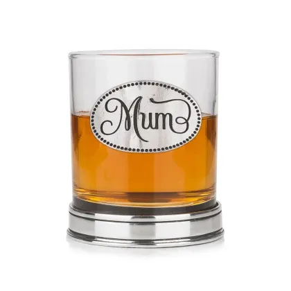 Zdjęcie Elegancki prezent dla mamy - szklanka do whisky z emblematem z napisem „Mama” i polerowaną cynową podstawą