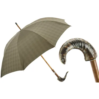 Picture Exclusive brown men's umbrella with a horn handle - Pasotti