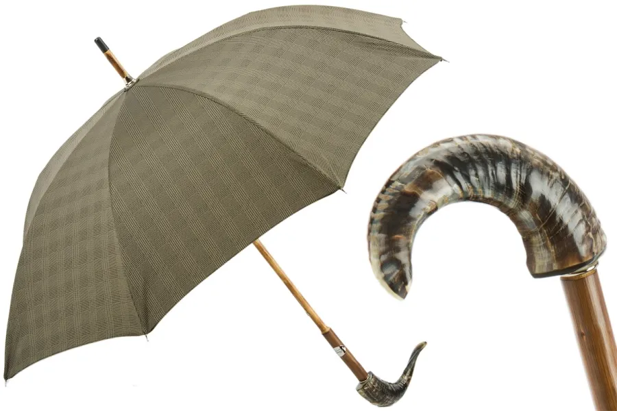 obrazek 1 Ekskluzywny brązowy parasol męski z rączką z rogu - Pasotti