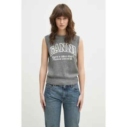 Zdjęcie GANNI kamizelka wełniana Graphic Wool Vest damski kolor szary lekki K2308
