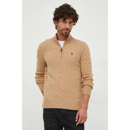 Zdjęcie Polo Ralph Lauren sweter wełniany męski kolor brązowy z półgolfem
