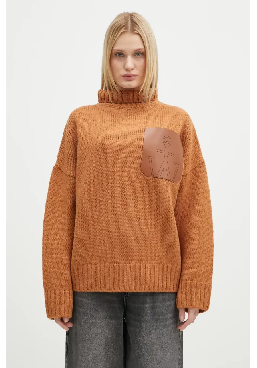 obrazek 1 JW Anderson sweter wełniany Leather Patch Pocket Jumper damski kolor pomarańczowy z golfem KW1292.YN0367.619
