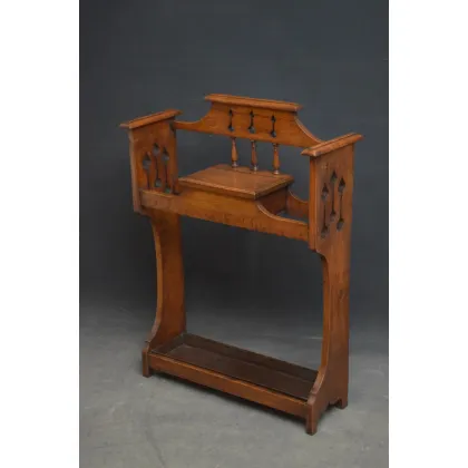 Zdjęcie Stylowy stojak na parasole dębowy z małą komorą i wyjmowaną tacą ociekową - antyk