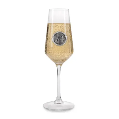 Zdjęcie Luksusowy kieliszek do szampana z cynowym monogramem z liczbą 80 urodzin – prezent urodzinowy dla niego lub dla niej