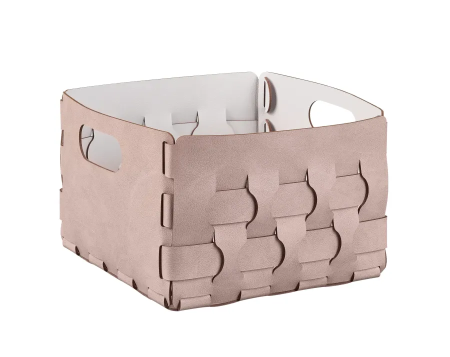 obrazek 1 Skórzany kosz Dubai 25x25xH20 cm z plecionymi elementami w kolorze pudrowego różu