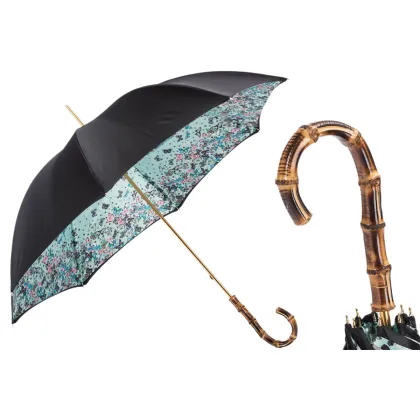 Zdjęcie Wyjątkowy czarny parasol damski z motywem motyli i bambusową rączką – Pasotti