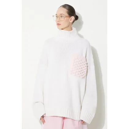 Zdjęcie JW Anderson sweter wełniany Textured Patch Pocket Turtleneck Jumper damski kolor beżowy ciepły z golfem KW1150.YN0144.001