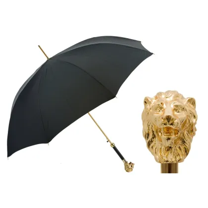 Picture Elegant black men's umbrella with a handle in the shape of a golden lion's head - Pasotti