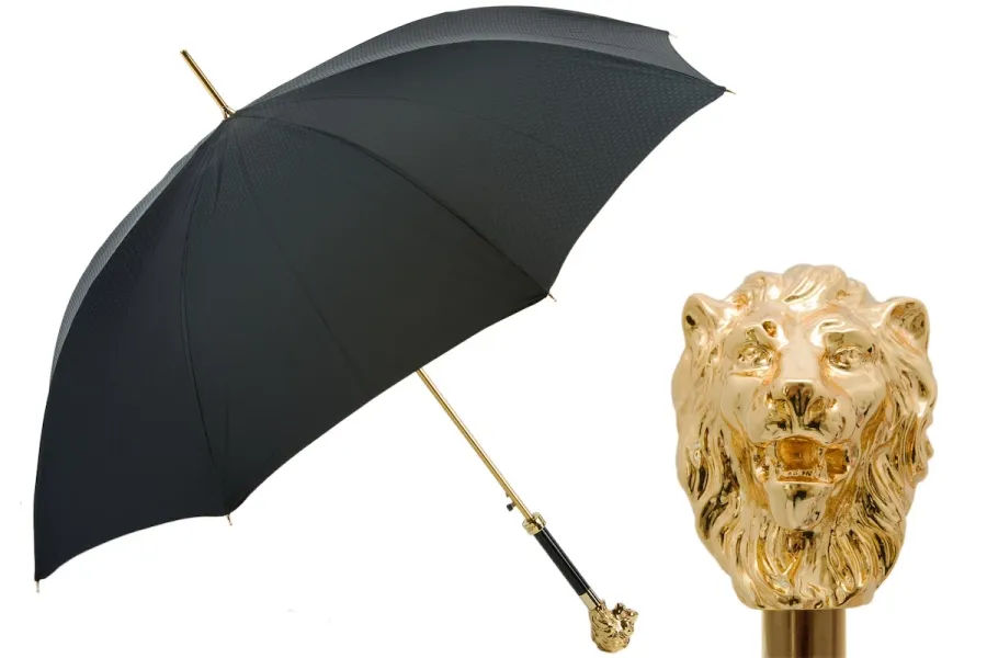 obrazek 1 Elegancki czarny parasol męski z rączką w kształcie złotej głowy lwa - Pasotti