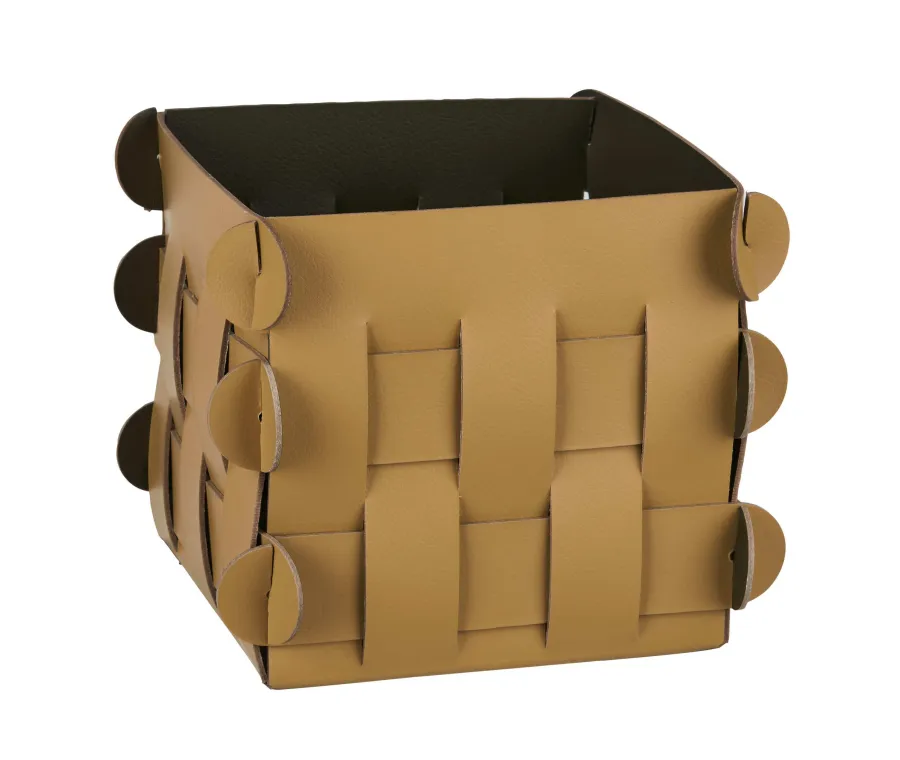 obrazek 1 Stylowy skórzany koszyk Shlesser 13x13xH13 cm w wyjątkowym musztardowym kolorze