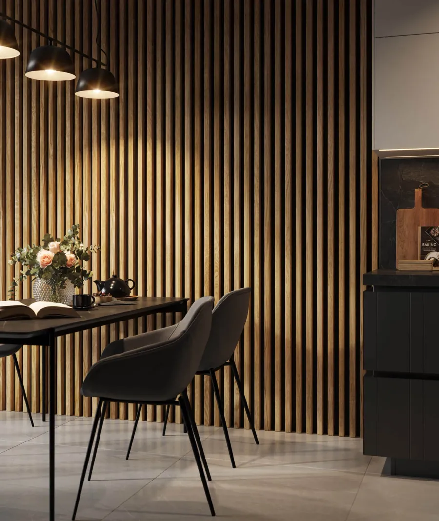 obrazek 1 275x30x2,4 cm LD (6 lameli slim fornir dębowy) panel akustyczny na płycie MDF 6 mm - dekoracja ścienna 3D