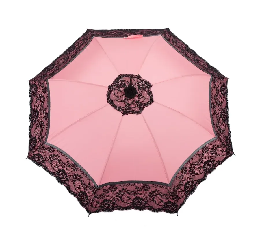 obrazek 3 Stylowy różowy parasol damski zdobiony czarną koronką – Pasotti
