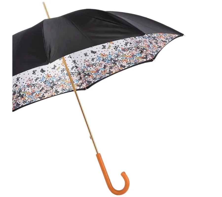 obrazek 9 Piękny czarny parasol damski zdobiony motywem motyli z pomarańczową skórzaną rączką – Pasotti