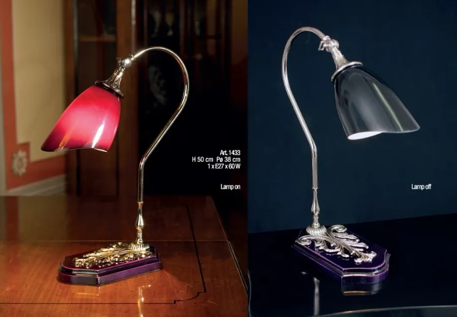 obrazek 1 Lampa biurkowa z drewnianą podstawą i chromowaną konstrukcją z białym i fioletowym szkłem - Il Paralume Marina