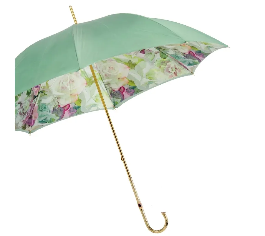 obrazek 8 Wyjątkowy zielony parasol damski zdobiony motywem różowych i zielonych róż – Pasotti