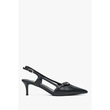 Zdjęcie Estro: Czarne czółenka na niskim obcasie typu slingback ze skóry naturalnej