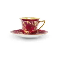 Zdjęcie Luksusowa filiżanka do kawy Windsor ze spodkiem z porcelany zdobiona złotymi kwiatami w kolorze bordowym – Leander