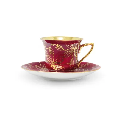 Zdjęcie Luksusowa filiżanka do kawy Windsor ze spodkiem z porcelany zdobiona złotymi kwiatami w kolorze bordowym – Leander
