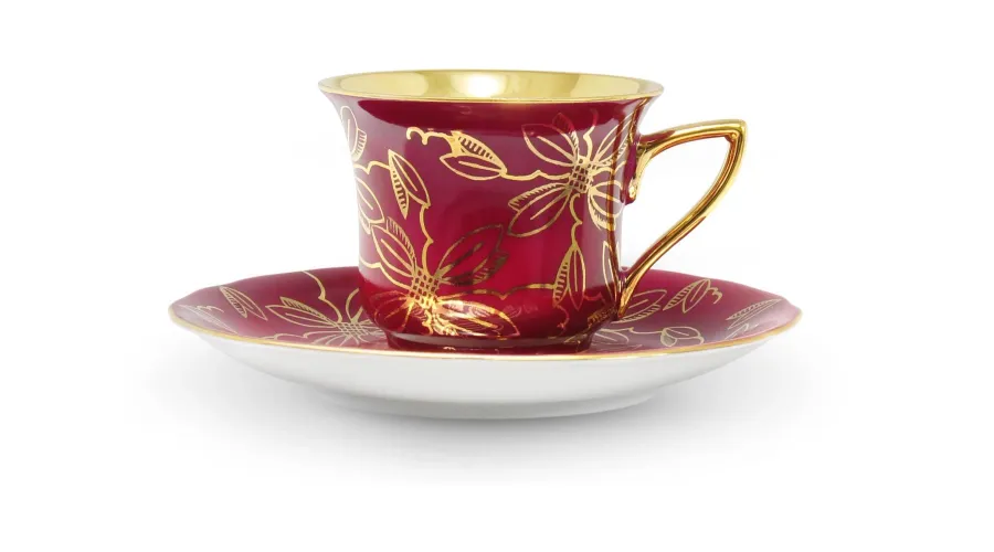 obrazek 1 Luksusowa filiżanka do kawy Windsor ze spodkiem z porcelany zdobiona złotymi kwiatami w kolorze bordowym – Leander