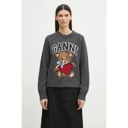 Zdjęcie GANNI sweter Graphic Wool Mix Bear Crewneck damska kolor szary lekki K2370