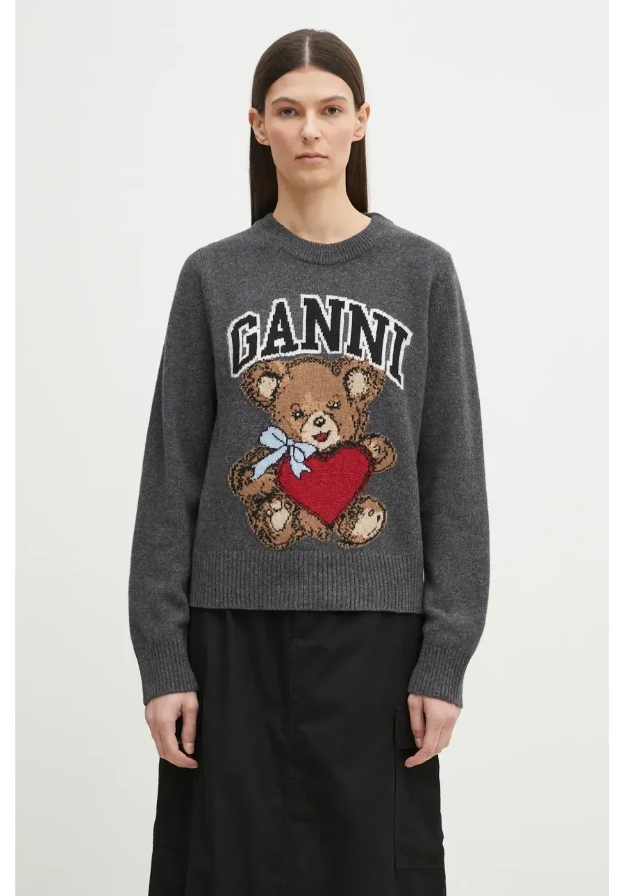 obrazek 1 GANNI sweter Graphic Wool Mix Bear Crewneck damska kolor szary lekki K2370