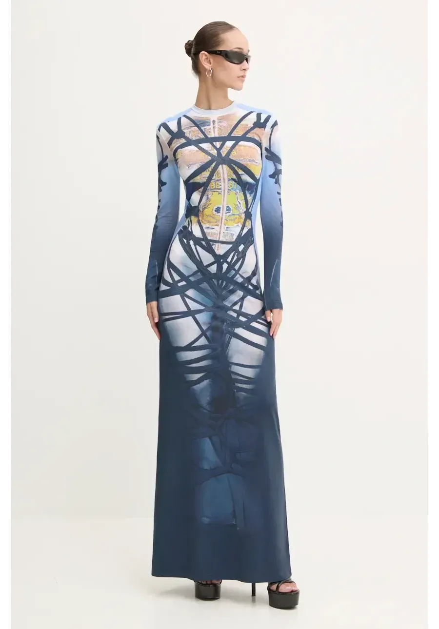obrazek 1 Y/Project sukienka BONDAGE PRINT LONG SLEEVE DRESS kolor niebieski maxi dopasowana 104DR006
