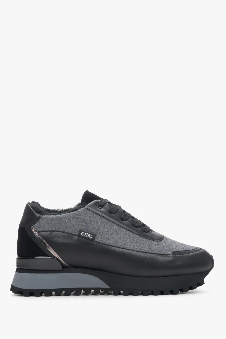 obrazek 1 Estro: Czarno-szare skórzane sneakersy damskie na zimę z futrzanym wypełnieniem