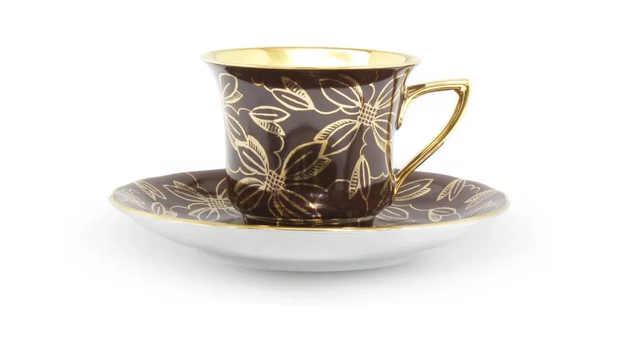 obrazek 1 Luksusowa filiżanka do kawy Windsor ze spodkiem z porcelany zdobiona złotymi kwiatami w kolorze brązowym – Leander
