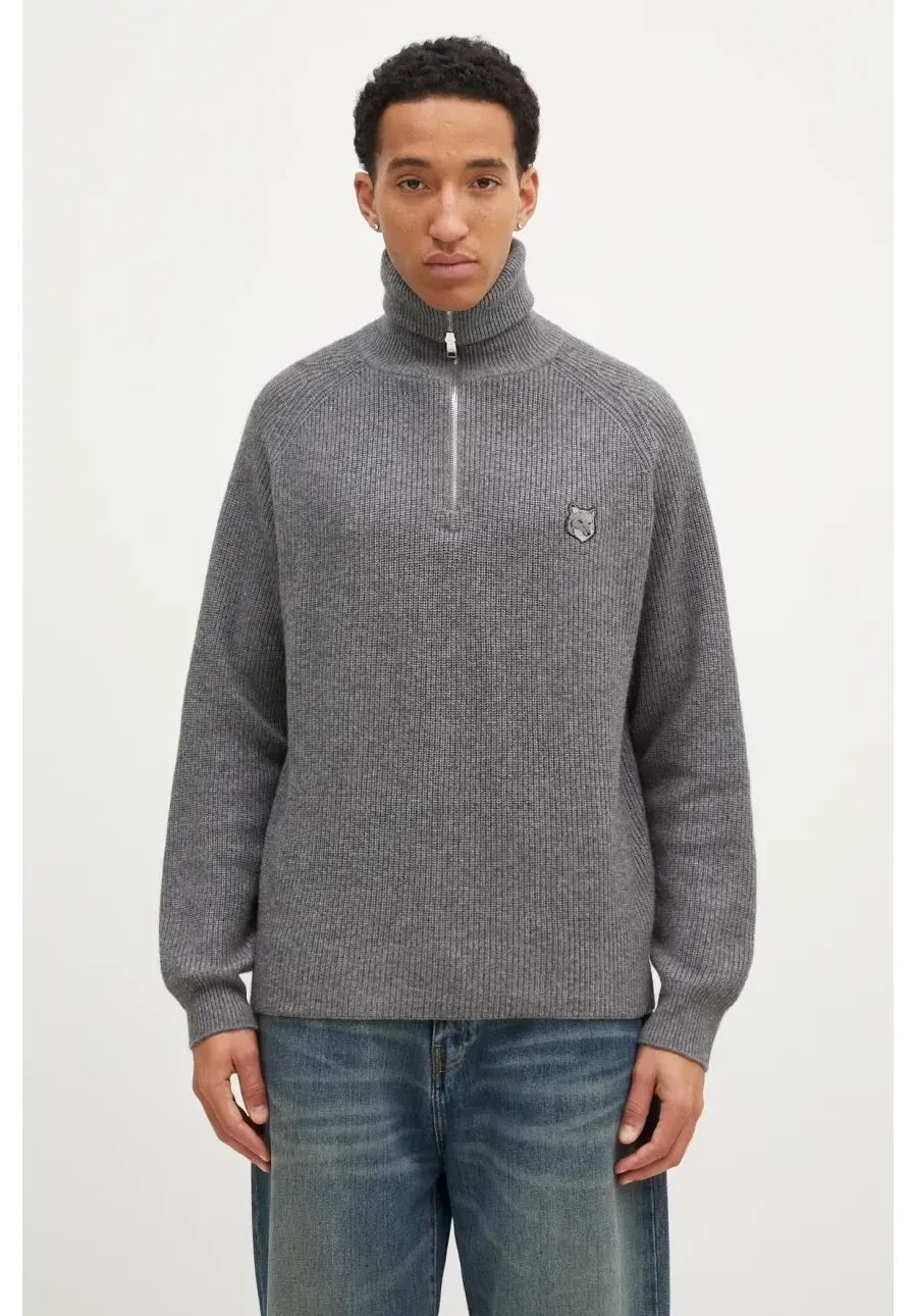 obrazek 1 Maison Kitsuné sweter wełniany Bold Fox Head Patch męski kolor szary z półgolfem LM00807KT1093