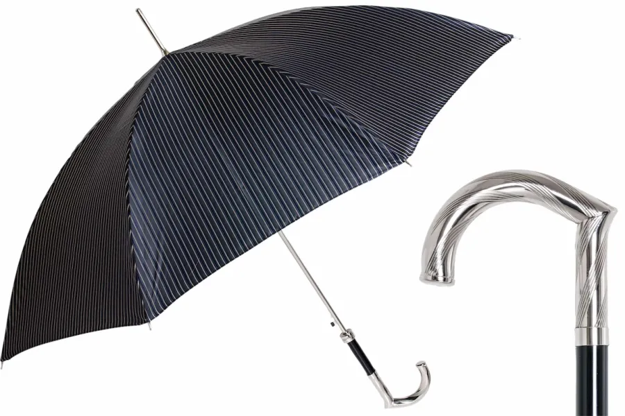obrazek 1 Luksusowy czarny parasol męski w stylowe paski z metalową rączką - Pasotti