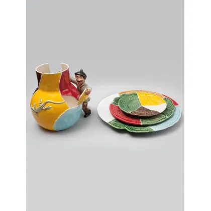 Picture Colorful ceramic decoration of plates and a vase - Bordallo Pinheiro
