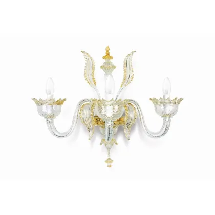 Zdjęcie Piękny przezroczysty kinkiet Murano Glass z trzema światłami ze złotymi dekoracjami - Il Paralume Marina