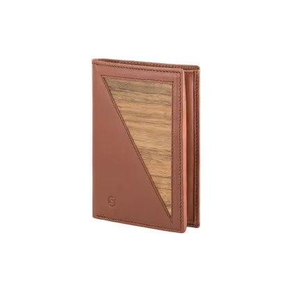 Picture Stylish men's wallet made of smooth cognac-colored leather and natural Amazaque wood