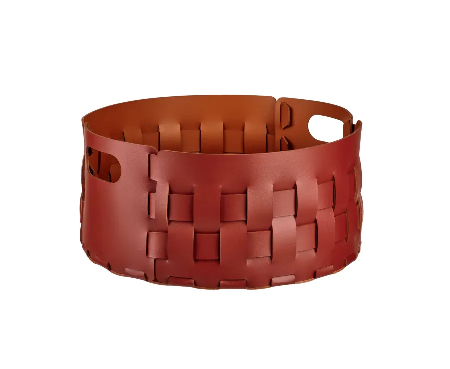 obrazek 1 Burgundowy okrągły kosz Bottega Ø40xH20 cm wykonany ze skóry