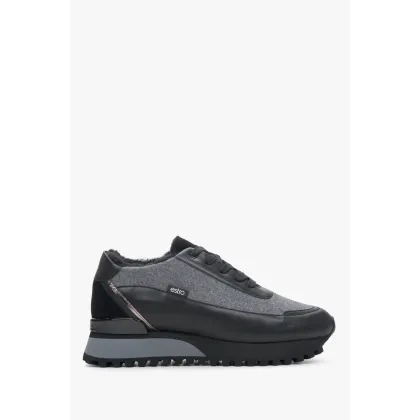 Zdjęcie Estro: Czarno-szare skórzane sneakersy damskie na zimę z futrzanym wypełnieniem