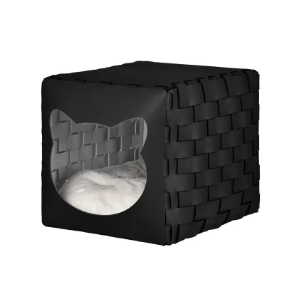 Zdjęcie Stylowy czarny domek dla kota 35x40x35 cm wykonany z naturalnej skóry z recyklingu