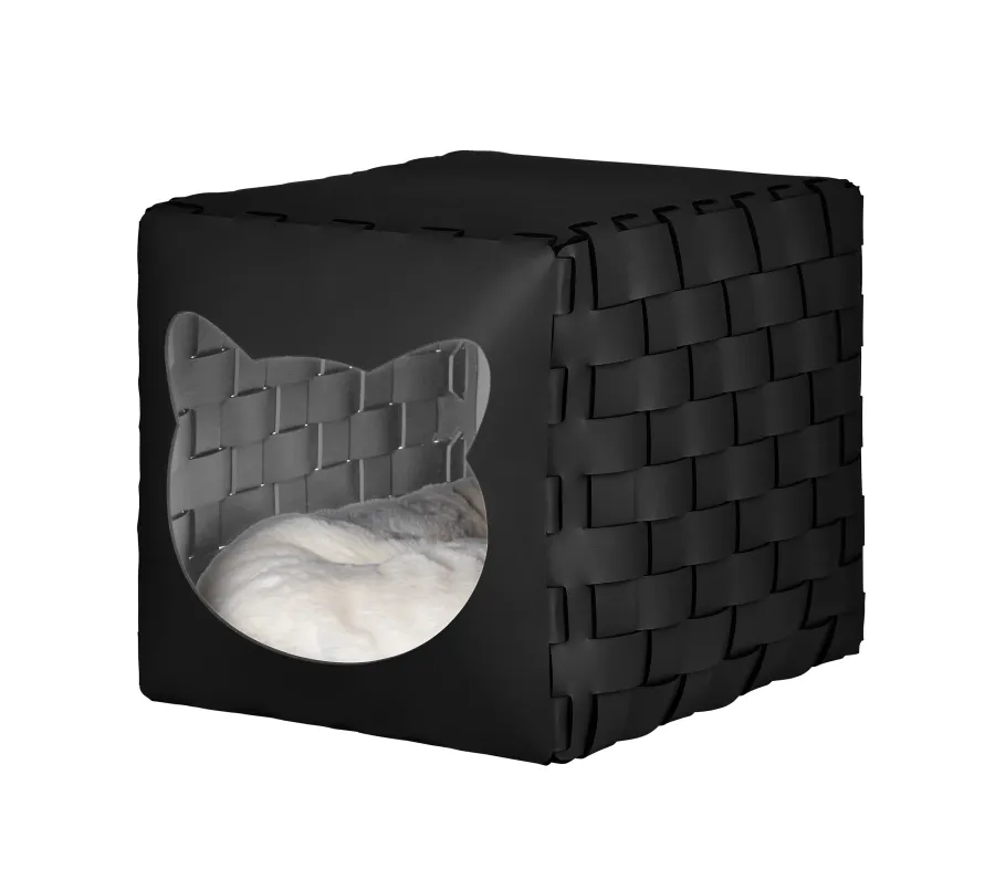 obrazek 1 Stylowy czarny domek dla kota 35x40x35 cm wykonany z naturalnej skóry z recyklingu